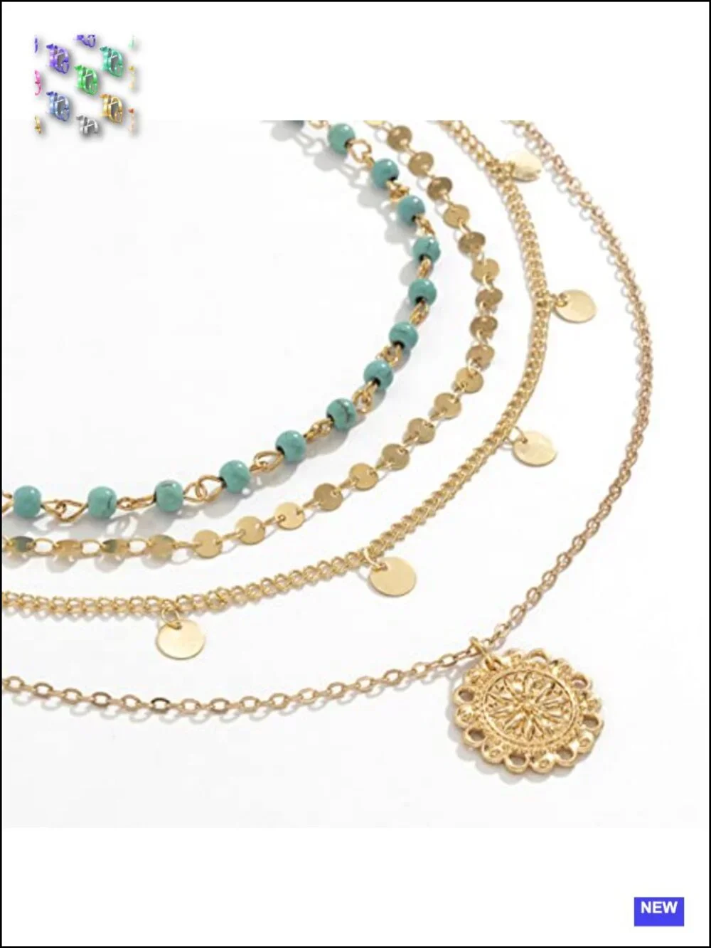 Boho Turquoise Coin Pendant Necklace Set Gold Plated Alloy 4pc Layered
